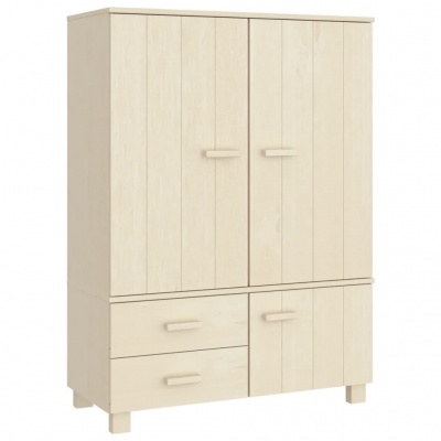 Roupeiro branco de madeira com quatro portas e duas gavetas.