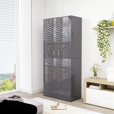 Armário alto cinza escuro com portas brilhantes e puxadores metálicos numa sala moderna