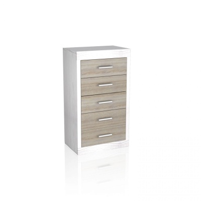 Móvel branco com cinco gavetas de madeira clara