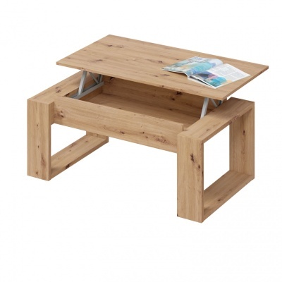 Mesa de centro de madeira clara com tampo elevatório aberto