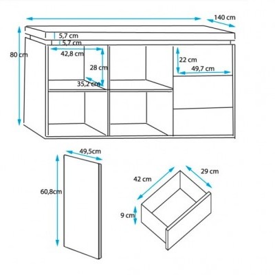 Desenho técnico de móvel com medidas detalhadas em centímetros.