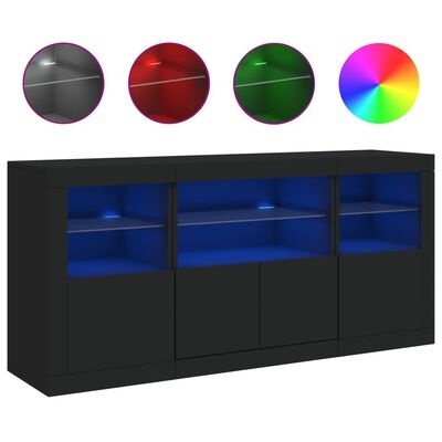 Móvel preto com prateleiras iluminadas por luz azul e amostras de cores acima