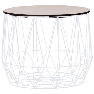 Mesa de centro redonda com tampo de madeira clara e base branca em arame metálico geométrica