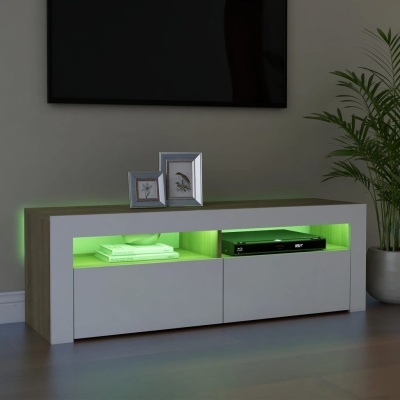 Móvel de TV moderno com iluminação LED verde, molduras e planta decorativa