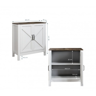 Armário de madeira branco com tampos em madeira escura e portas com design em X, mostrado com medidas