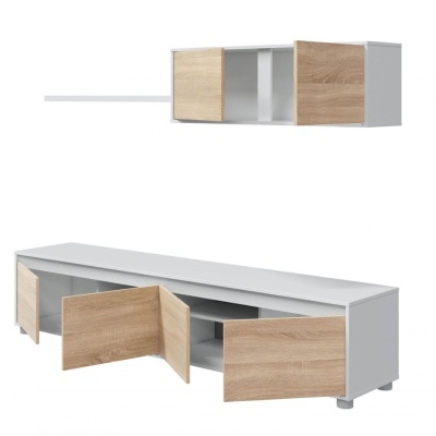 Móvel de sala de estar branco com portas em madeira clara, parte superior suspensa, parte inferior com pés e portas abertas.