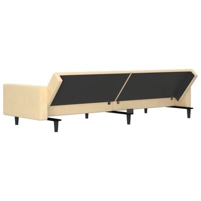 Sofá cama beige aberto mostrando compartimento interior preto com pernas pretas