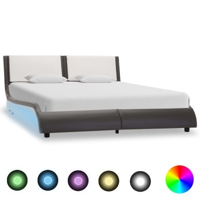 Cama de casal bege e castanha em fundo branco com ícones coloridos
