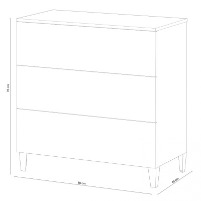 Cómoda branca com três gavetas e pés triangulares brancos