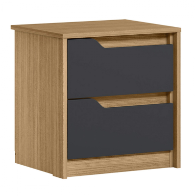 Cômoda pequena de madeira clara com duas gavetas cinza escuro