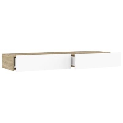 Móvel de armazenamento em madeira clara com dois gavetões brancos