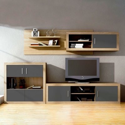 Conjunto de móveis para sala com madeira clara e portas cinza, TV e decoração