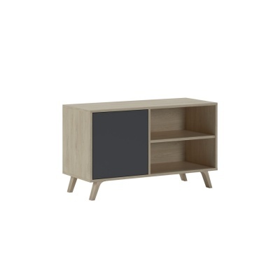 Móvel de apoio em madeira clara com porta cinzento escuro e prateleiras abertas