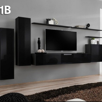 Conjunto de móveis suspensos pretos brilhantes numa sala moderna