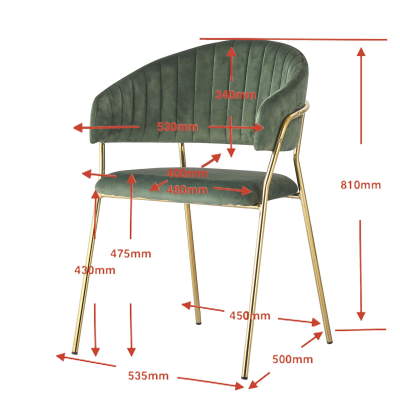 Cadeira verde de veludo com estrutura metálica dourada e medidas indicadas