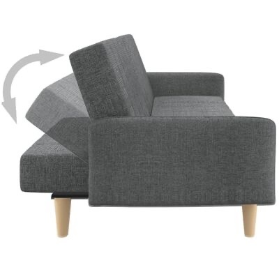 Sofá-cama cinzento com pernas de madeira clara e reclinável