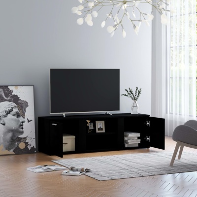 Móvel de TV preto com TV e decoração minimalista numa sala moderna