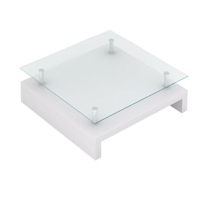 Mesa de centro quadrada branca com tampo de vidro transparente