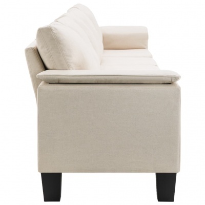 Sofá bege com almofadas soltas e pés em madeira preta