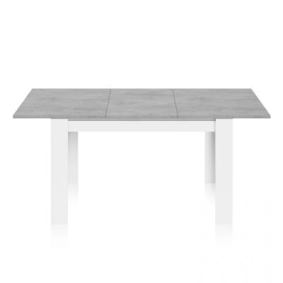 Mesa retangular cinzenta com estrutura branca de quatro pernas
