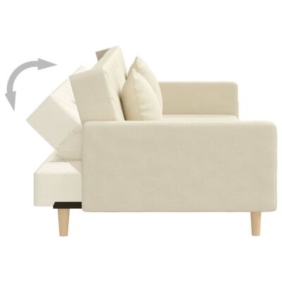 Sofá bege claro com almofadas ajustáveis e pés de madeira clara