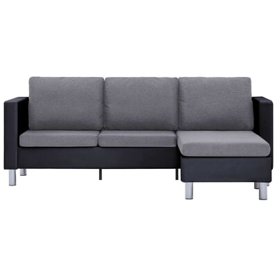 Sofá chaise longue cinza e preto com pernas metálicas prateadas