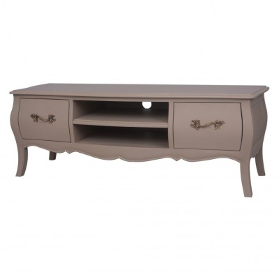 Móvel para televisão cinzento claro com gavetas e prateleiras