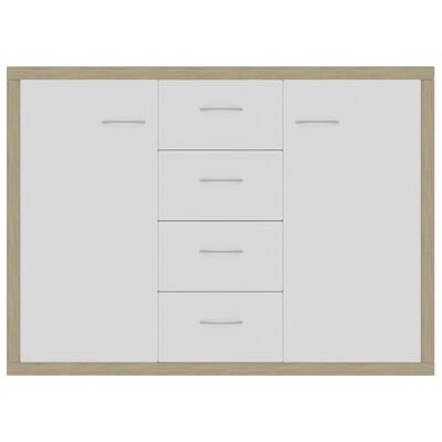 Móvel com duas portas e cinco gavetas branco com moldura castanho claro