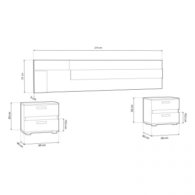 Desenho técnico em preto e branco de três móveis com medidas indicadas em cm.