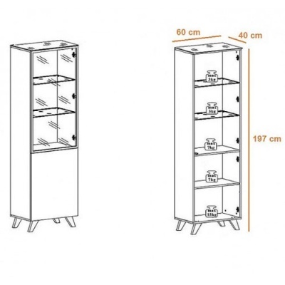 Móvel alto em madeira clara com portas opaca e vidro, prateleiras interiores e dimensões indicadas