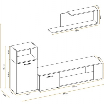 Desenho técnico de conjunto de móveis para sala com medidas em centímetros.