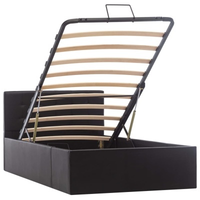 Cama com base elevatória preta e ripas de madeira, com espaço de arrumação