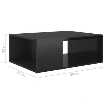 Mesa de centro preta retangular com design minimalista e dimensões indicadas.