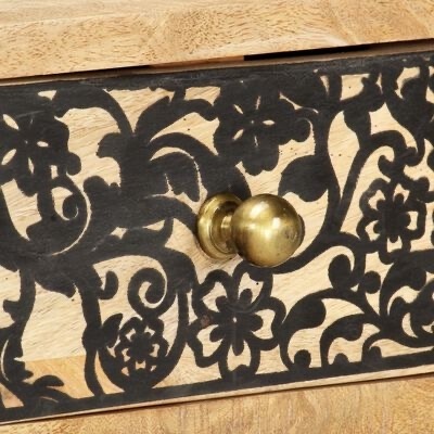 Gaveta de madeira decorativa com padrão floral preto e puxador dourado