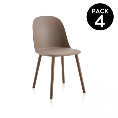 Cadeira castanha com assento e encosto em plástico moldado e pernas cilíndricas em metal