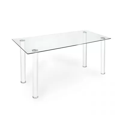 Mesa retangular com tampo de vidro e quatro pernas cilíndricas brancas
