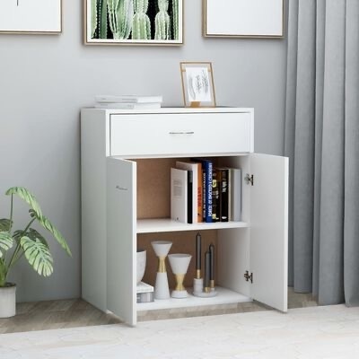 Móvel de arrumação branco com gaveta e portas abertas, livros e objetos decorativos, planta e quadro num ambiente interior