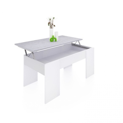 Mesa de centro com tampo elevatório branco e cinzento com vaso decorativo