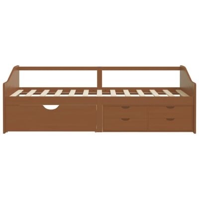 Cama solteiro de madeira castanha com gavetas em fundo branco