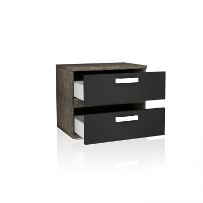 Cômoda com duas gavetas pretas e estrutura em madeira castanha