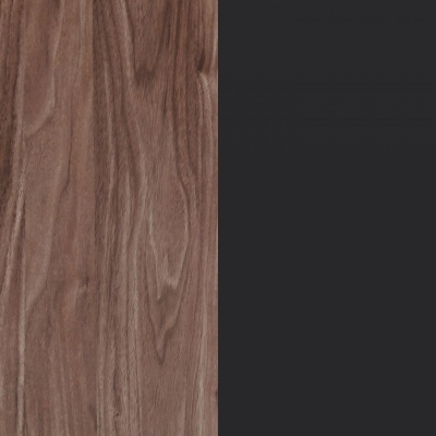 Superfície de madeira castanha com veios naturais ao lado de painel preto fosco