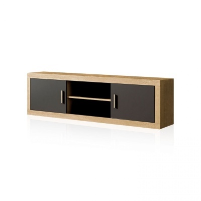 Móvel de parede retangular em madeira clara com portas pretas e prateleira central