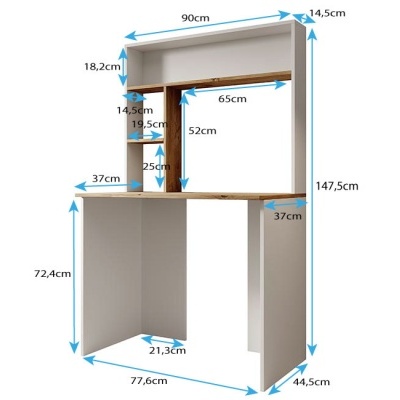Secretária em madeira branca e carvalho com várias prateleiras e medidas em centímetros