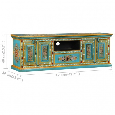 Móvel azul turquesa decorado com motivos florais e dourados, três portas e uma gaveta