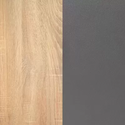 Painel metade madeira clara, metade superfície cinza escuro granulada