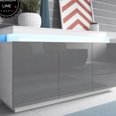 Móvel de sala cinzento com iluminação LED azul e decoração moderna