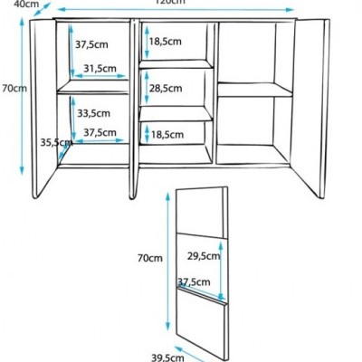 Desenho técnico de móvel com prateleiras e medidas em centímetros.