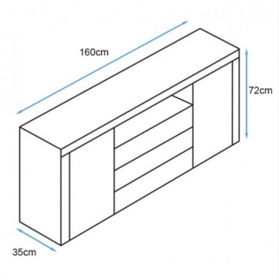 Desenho técnico de móvel aparador com portas e gavetas, medidas indicadas.