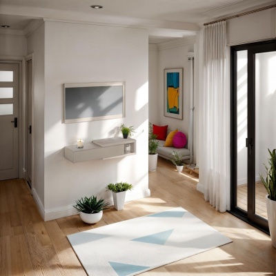 Tapete branco e azul claro com padrão geométrico em chão de madeira clara numa sala luminosa com decoração minimalista.