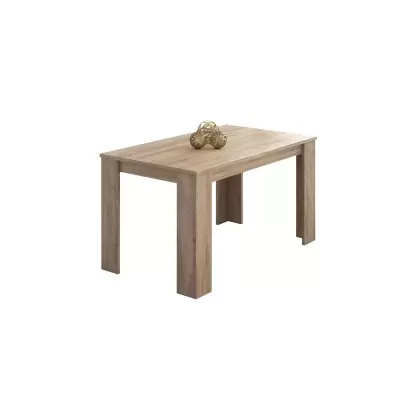 Mesa retangular em madeira clara com esferas decorativas douradas.